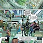 Comic mit Green Lantern Corps, Außerirdische in futuristischem Raum. Dialog über Sektoren, Handel und Superhirne.