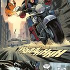 „Aber ich helfe trotzdem,“ sagt jemand, während eine Figur auf einem Motorrad durch eine Stadt rast. Das Motorrad trägt „POLICE“.