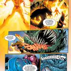 Illustration: Ein feuerspeiender Held kämpft gegen riesige Monster. Textblasen enthalten Dialoge und Geräuscheffekte.