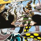 Comic-Illustration: Figuren im Kampf, benutzen Energiekugeln und mechanische Arme. Dialoge über Heldentum und Gefahr.