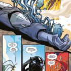 Oben rechts: "War sie eine Art Köder?" Unten links: "Diese stumpfe Ratte hat meine Drohnen gehackt. Niemand ruiniert meine Technik." Oben in der Mitte steht eine Figur im Cape, liegendes Wesen mit Drohnen und Tentakeln. Unten rechts: ein Schädel.