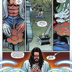 Texte: "Ich stolpere nie." "Meine Mutation ist reaktiv." Mann mit langem Haar, mechanischer Handschuh und leuchtende Kreise.