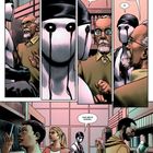 Comic-Sequenz: Vier Figuren unterhalten sich über Kunstbedarf in einem Laden. Ein Charakter trägt eine weiße Maske.