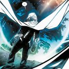 Sprechblasen: "Oh." "Bin ich tot?" "Nein." Illustration eines vermummten Helden vor einem Planeten und grellem Licht.