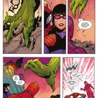 Comic mit grüner Hand, Frau mit Brille, Spiderman, Zerstörung, Explosion, dramatisch.