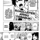 „Schulleiter Arisu Yamabuki!“ Junge mit entschlossenem Blick spricht energisch, zwei Mädchen lächeln erfreut. Manga-Stil.