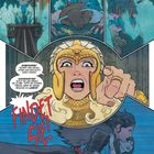 Mehrere Sprechblasen mit Texten und eine Frau in goldener Rüstung ruft: "FINDDET SIE!" Comicstil.