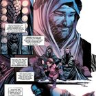 Comic-Illustration mit einer verschleierten Frau, einem Mann in einem Umhang, einem kleinen Jungen und einer dramatischen Szene.