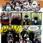 Eine bunte Comic-Szene in einem Friseurladen. Friseure arbeiten, Kunden warten verärgert; dramatische YAWN und KRASSH-Geräusche.