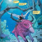 Texte: Geständnis, Gefühl von Wut, Trauer durch Schicksale, Selbstzweifel. Illustration: Person auf lila Reittier im Wald.