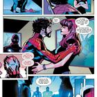 Comic-Illustration mit Menschen, darunter ein Mann im Spiderman-Anzug, der ein Mädchen und eine Frau umarmt.