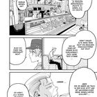 Dialog zwischen Kunden und Verkäufer in einem Café. Szenen zeigen Theke, Kunden und Gesprächsfetzen. Manga-Stil.