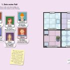 „1. Dein erster Fall. Dieser sollte nicht allzu knifflig sein.“ Illustrationen von sechs Personen und eine Raumaufteilung.