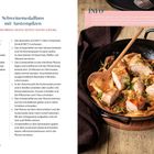 "Schweinemedaillons mit Austernpilzen" steht oben, darunter eine detaillierte Kochanleitung. Rechts ein Pfannengericht.