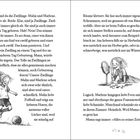 Zwei Textpassagen über die Zwillinge Malin und Marlene, die acht Jahre alt sind. Links spielt Malin Fußball, rechts schminkt sich Marlene.