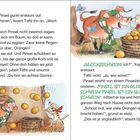 Texte beschreiben eine Geschichte über Tafiti und Pinsel, die Orangen sammeln. Illustration zeigt Tiere und Orangen.