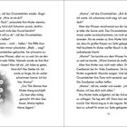 Seiten mit Text über die Sorgen eines jungen Orcas um seine Mutter. Links sind Blasen und ein angedeuteter Orca.