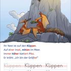 Text in farblich abgesetzten Wörtern, darunter Illustration von Dinosauriern auf einem Felsen mit Nest.
