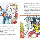 Links: Vater, Lotta, Regenschirm; "KAFFEE" auf Dose. Rechts: Lotta sucht in Jackentasche, glücklich, etwas gefunden.