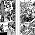 Texte: "SCH", "DO", "ABER EINES STEHT JEDENFALLS FEST...", "WUNN". 
Actionreiche Manga-Sequenzen mit Kämpfen und Schwertduellen.