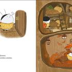 Links steht: "Klopf, klopf! Was für ein spannendes Geräusch! Momo schaute in all die Räume." Illustration mit einem neugierigen Käfer.