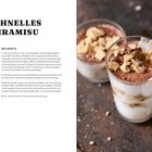 "Schnelles Tiramisu. Für 5 Portionen: Kichererbsen, Zucker, Kokos-Joghurt, Kekse, Espresso, Amaretto, Kakaopulver. Anleitung folgt." 

Dessert im Glas, mit Schichten aus Creme, Keksen und Kakaopulver darüber.