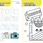 Links zeigt eine Schritt-für-Schritt-Anleitung zum Zeichnen einer Kamera. Rechts eine Ausmalseite mit Kreidestiften.