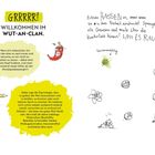 "Grrrrr! Willkommen im Wut-an-Clan." Illustration mit wütendem Keks, Pfeffer und kritzelnden Figuren. Mise dich aus!