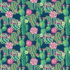 Illustration: Bunte Kakteen mit rosa und gelben Blüten vor dunklem Hintergrund, dicht angeordnet.