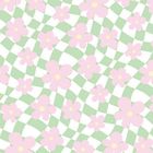 Keine Texte vorhanden. Illustration mit rosa Blumen und grünen Schachbrettmuster-Linien im Hintergrund.