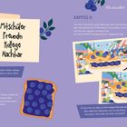 Notizblock: Mitschüler, Freundin, Kollege, Nachbar. Illustration mit Blaubeeren. Kapitel 10 und 11 Textausschnitte.