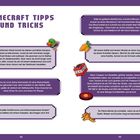 "Minecraft Tipps und Tricks." Enthält Tipps wie Ghast-Transport, Moos für Steinflächen und Creeper-Taktiken. Illustrationen passend zum Thema.