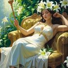 Text: "III. DIE HERRSCHERIN". Eine Frau in einem weißen Kleid sitzt auf einem goldenen Thron, umgeben von Lilien.