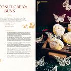 "Coconut Cream Buns" mit Zutaten, Zubereitung und einem Tipp. Rechts sind dekorierte Brötchen mit Schmetterlingsornamenten.