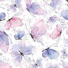 Eine Illustration zeigt pastellfarbene Schmetterlinge in Rosa und Lila vor einem hellen, gesprenkelten Hintergrund.