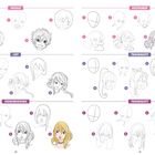 Zeigt schrittweise Zeichnungen von Gesichtern mit verschiedenen Emotionen: Freude, Erstaunen, List, Verwunderung, Traurigkeit.