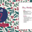 Tag 2, Dein Überblick für heute, Materialliste. Dekorative grüne Blätter und rote Beeren umrahmen den Text.