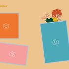 "Hier kannst du Fotos von Kindergartenfesten einkleben!" Illustration mit fröhlichem Kind, Fotosymbole.