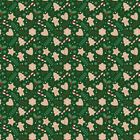 Weihnachtsmuster: Lebkuchenmänner, Zuckerstangen, Sterne, Bäume und Herzen auf grünem Hintergrund.