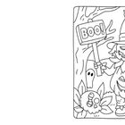 Eine Illustration zeigt eine Vogelscheuche mit einem Kürbiskopf, die ein Schild mit "BOO!" hält, umgeben von Geistern.