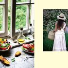Text "Riechen"; links ein Fensterbrett mit Salat, Brot, Öl; rechts Frau im Garten mit Hut.