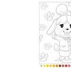 Illustration eines Cartoon-Hundes mit großen Ohren. Die Umrisse sind nummeriert, um sie auszumalen. Pfotenabdrücke im Hintergrund.
