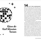 "14 WAS IST DEIN LIEBLINGSSONG? ... biologisch hochwirksam." Unten: "Gönn dir fünf Minuten Tanzen." Oben links: Diskokugel-Illustration.