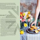 "Lemon Gems" und Rezept auf der linken Seite. Rechts farbige Blumen, eine Frau mit Blumenmuster-Kleid und Zitronentörtchen.