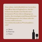 Ein Text beschreibt die Tradition, bei der Geburt eines Kindes Wein zu kaufen und zu lagern. Optionen: Sherry, Portwein, Claret. Unten rechts sind stilisierte Weinflaschen als Illustration.
