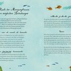 Titel: Die Rufe der Meerjungfrauen und ihre möglichen Bedeutungen. Texte über Meerjungfrauenrufe, wie „Ahhhhh - uu - ah...“ und „Alla alla - jü...". Links und rechts Pflanzen und Fische als Illustration.