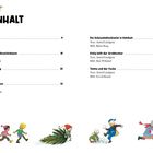 Kapitelübersicht mit Titeln und Autoren. Darunter kleine Illustrationen spielender Kinder, Tiere und Weihnachtsbaum.