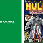 Links: Grüner Hintergrund mit "THE COMICS". Rechts: Comic-Cover "THE INCREDIBLE HULK", zeigt Hulk und ein kleinerer Mann davor.