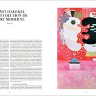 Links: „ERNST HAECKEL ET L'ÉVOLUTION DE L'ART MODERNE“ von Julia Voss. Rechts: Abstraktes Gemälde in Rosa- und Beigetönen.