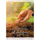 Text: Ermutigende Worte über Hoffnung und Geduld, Zitat von Ruth Heil. Kalender unten. Bild: Hand mit Samen über Erde.